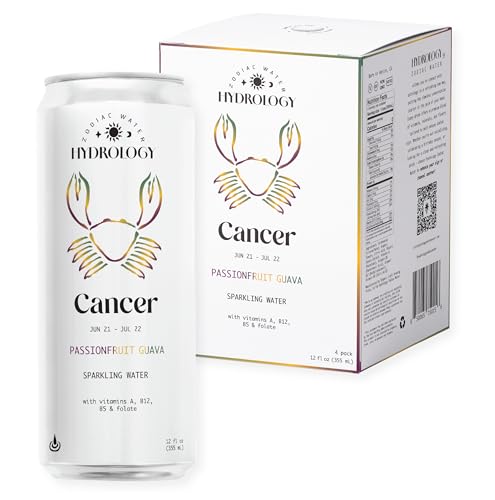 Hydrology Zodiac Water - Cancer Passionfruit Guava - Organically Flavored Social Sparkling Water with unique Vitamins and Minerals tailored to the Cancer Zodiac Sign, Astrology Drink for Birthday Gift (4-Pack, Cancer - Passionfruit Guava)