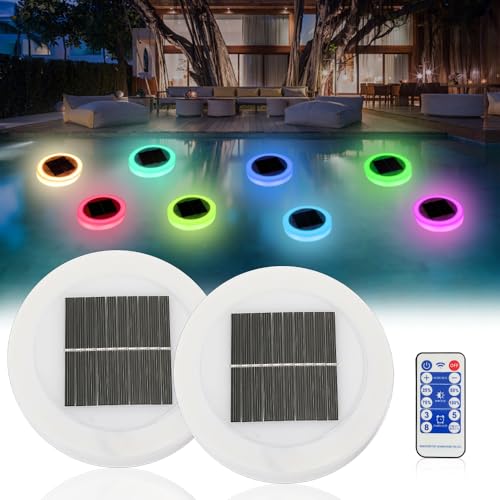 WDKXCN Iluminación LED Subacuática Solar, 2Pcs Luz Solar para Piscina con Cambio Color, IP65 Luces Subacuáticas para Piscina con Mando, Iluminación LED Flotante para Piscina, Estanque, Fuente