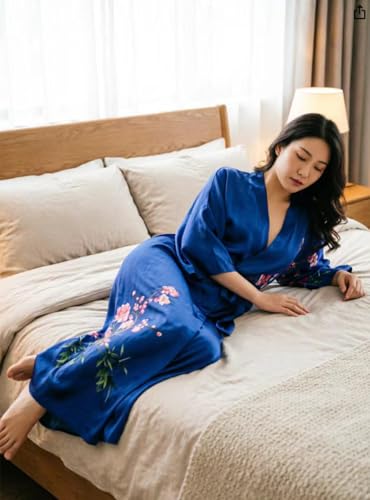 Image of Women's Classic 100% Silk Kimono Robe, Bathrobe-Printed Pattern