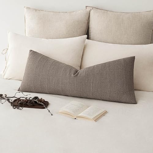 Image of Foindtower Set of 1 Decorative Linen Check Throw Pillow Cover Neutral Long Body Lumbar Cushion Cover Farmhouse Vintage Boho Home Decor for Sofa Chair Couch Bedroom Living Room,14x36 Inch,Tan Taupe