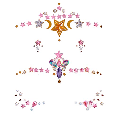 Nirbffo Lot de 2 autocollants en forme d'étoile, de lune, de visage, de décoration de visage, rose, doré, faux tatouage, strass, pour femme, fête, visage