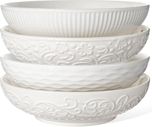 Artena Pasta Bowls 32oz, Ceramic Large Salad Bowls 8 inch, White Embossed Soup Bowl Set of 4 for Entertaining, Serving, Dinner, Wide Shallow Microwave Dishwasher Oven Safe (Mixed Pattern)