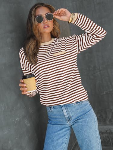 Image of LILLUSORY Womens Striped Soft Knit Pullover Sweater Loose Fit Shirts with Chest Pocket
