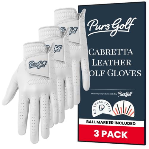 PUR3 Golf Gloves Men Right Hand 3 Pack Genuine Cabretta Leather Left Handed Golfer Medium Golf Glove