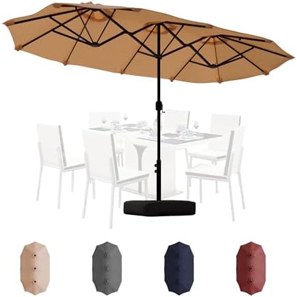Shintenchi 13FT Large Patio Umbrella with Base, Outdoor Double-Sided Rectangular Shade with Crank Handle for Poolside Lawn Garden, Khaki