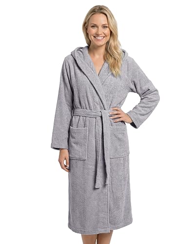 LAYNENBURG Bademantel Damen Frottee aus 100% Baumwolle OEKO TEX Standard weicher Morgenmantel langmit Kapuze Bindegürtel und aufgesetzten Taschen ideal für Sauna & Zuhause (XL hellgrau)