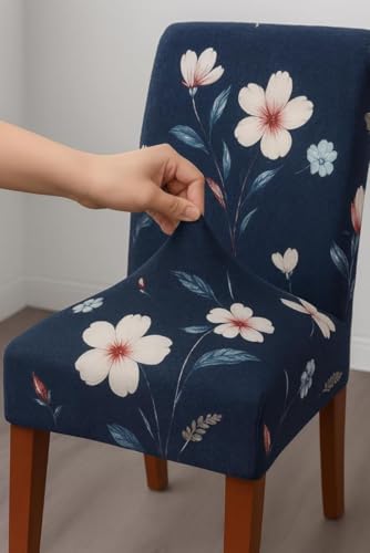 Image of Homerz Premium 6 Seater Dining Table Cloth with 6 Dining Chair Covers,Elastic Fitted Chair Slipcovers, Printed Polycotton Fabric, Table Cloth Size 60x90 inch (Blue Floral)