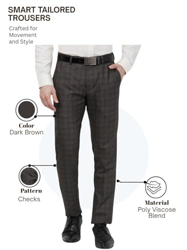 Image of Raymond Men Slim Fit Checks Pattern Poly Viscose Blend Flat Front Formal Trouser