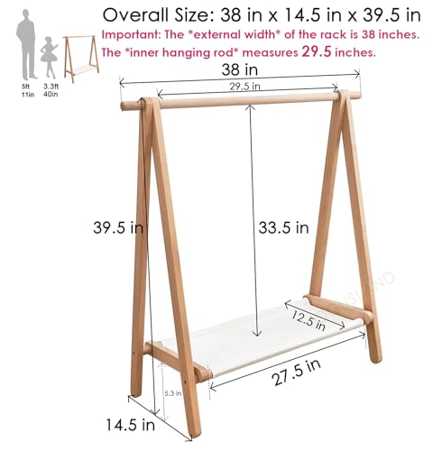 VOGUSLAND Dress up Rack, Child Garment Rack, Kids Clothing Rack with Storage Shelf (Natural Beech, 38" L x 14.5" W x 40" H)