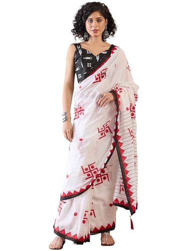 SAREE MALL Women's Cotton Ikat Printed Ready To Wear one Minute Saree With Blouse Piece