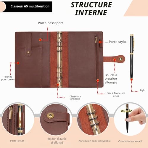 Cuir Carnet de notes de voyage A5 raffiné couleur café avec stylo