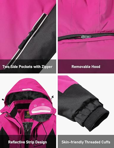 Mofiz Girls Ski Jacket Waterproof Fleece Lined Snowboard Jacket Warm Winter Coats With Removable Hood Rose Red M thumb #4