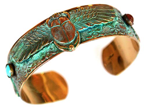 Elaine Coyne Wearable Art Patina Egyptian Motif Winged Scarabs Cuff - Carnelian, Turquoise2