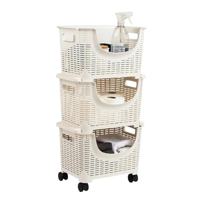 ´¢Îï³µ Ivory Plastic Storage Cart on Wheels - 3-Tier Mobile Organizer Utility Cart for Kitchen, Laundry Room, Toy Storage, Bathroom Organization with Smooth Rolling Casters-8Dge00OZ
