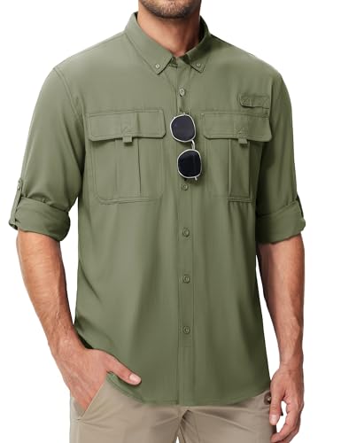 MAGCOMSEN UPF 50+ Sun Protection Shirts for Men Cooling Quick Dry Fishing Camping Travel Shirts Lightweight Button Down Shirts Grey Green L