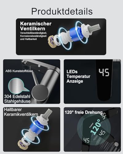 Edelstahl Warmwasserbereiter Hahn, elektrischer Wasserhahn mit Durchlauferhitzer mit digitaler Temperaturanzeige, 120 Grad Schwenkauslauf, elektrische Armaturen für Bad, Garten (Bildschirm Auslauf)