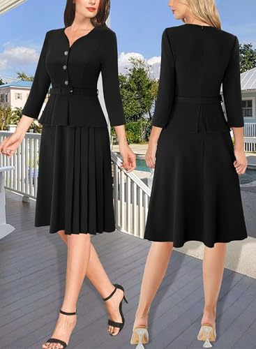 VFSHOW Womens 2024 Office Business Work Sweetheart Neckline Buttons Belted Peplum Pleated A-line Fit and Flare Dress2