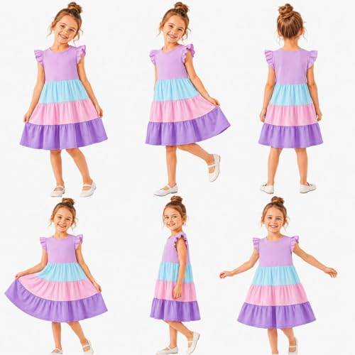 Image of HILEELANG Girls Cotton Tiered Dress Flutter Ruffle Sleeve Summer Swing Sundress Birthday Party Casual Outfit Colorblock 2-12Y
