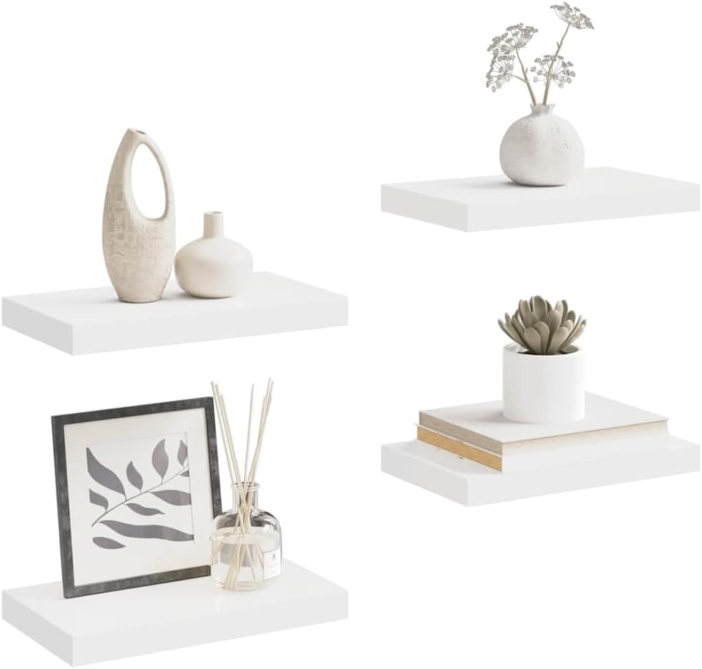 Floating Wall Shelves Set of 4, White Honeycomb MDF Wood, 9.1x15.7x1.5in, Modern Room Decor for Living Room, Bedroom, Bathroom