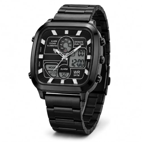 Image of Watch for Men Analog Digital Black Wrist Watch with Stainless Steel Chain, Square Dial, Dual Time Display, Alarm, LED Backlight, Chronograph, Sports Watch, Waterproof 5ATM Luxury Men's Watch