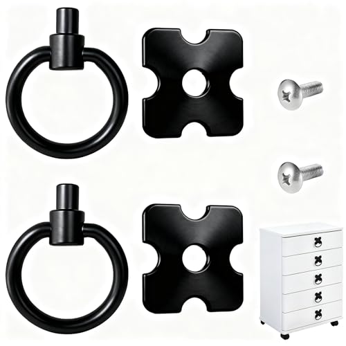 Fresilkora Vintage Drawer Knobs Pulls Handles, 2pcs Metal Drawer Handles and Ring Pull, Ring Pull with Screws, Black Drawer Handles for Cabinets Wardrobes Cupboards Dresser