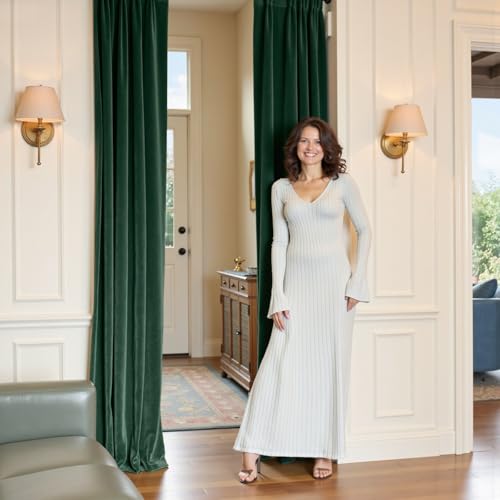 Image of Blackout Emerald Green Velvet Curtains 42x96 Inch 2 Panels | Soft Velvet, For Bedroom & Living Space, Light Shifting Texture, Elegant Drape, Classic, Rod Pocket