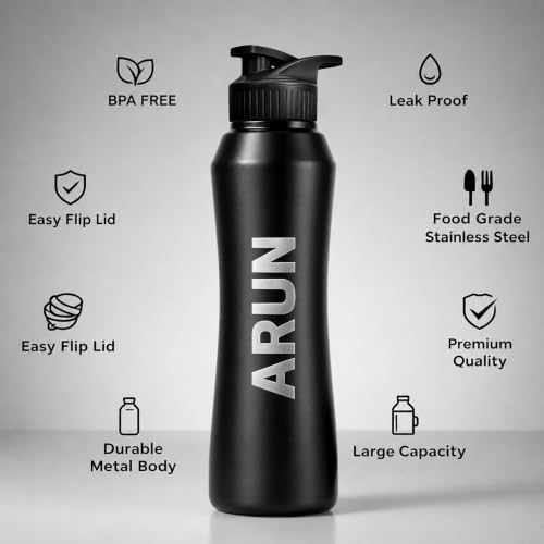 Image of Speedex Customised Stainless Steel Sipper Water Bottle 1 Ltr with Engraved Name - Personalised Flip Cap Bottle for Kids, Adults, School, Sports, Gym, Black, Set of 1