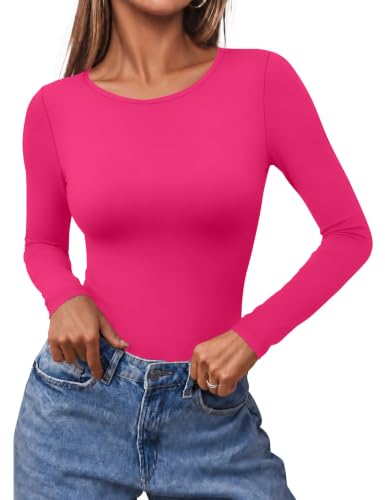 Ekouaer Long Sleeve Shirts for Women Scoop Neck Tight Slim Basic Fitted Top - image 1