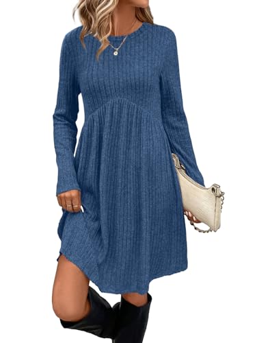 OFEEFAN Long Sleeve Dress Tunic Fall Dress Women's Casual Dresses Crew Neck Empire Waist Sweater Dress with Pockets Blue XL