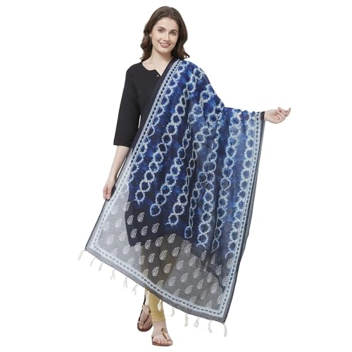 Women's Navy Blue Indigo Color Tie & Dye Style Traditional Digital Printed Chanderi Silk Dupatta