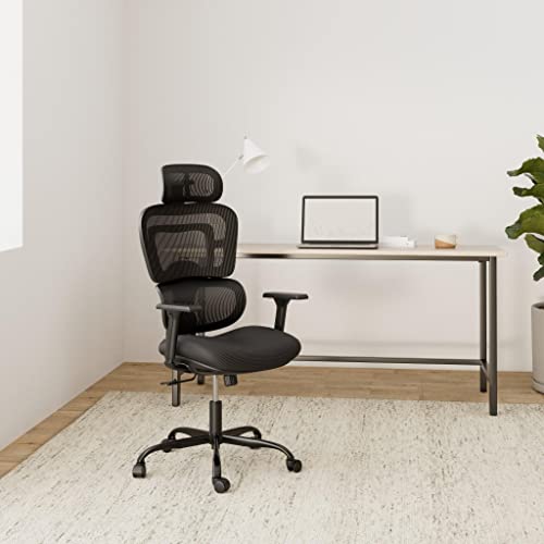 Devoko Office Chair Ergonomic Desk Chair 150kg Load Capacity High Back Mesh Chair, Heavy Duty Computer Chair with Double Lumbar Support, 3D Armrest, Adjustable Headrest, Black