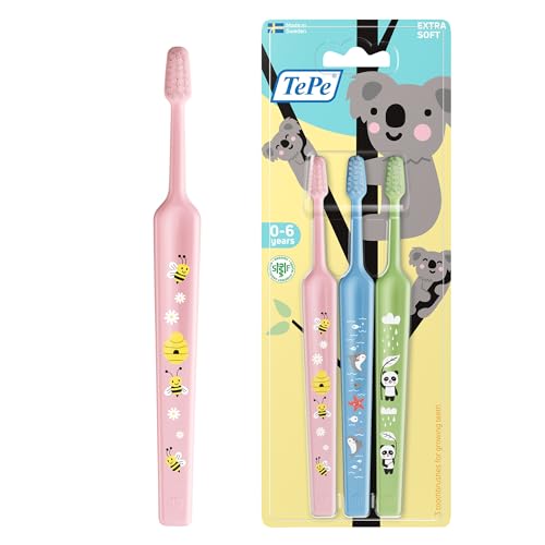 Cepillo de dientes TePe Mini, Extra Suave, 3 ud., cepillo de dientes infantil, cerdas extrasuaves para una limpieza respetuosa, desde el primer diente hasta los 3 años