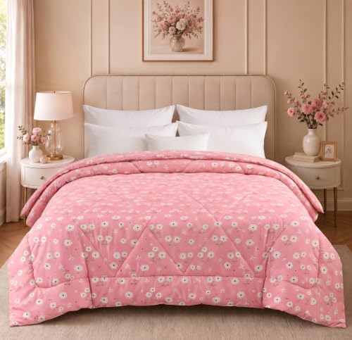 Image of SANMARINO 280 GSM Cotton King Size Comforter | Premium Floral Printed Quilt | Ultra-Soft & Lightweight Reversible AC Blanket for All-Season Comfort, AC Room & Mild Winter - 228x254 cm,Blossom Pink