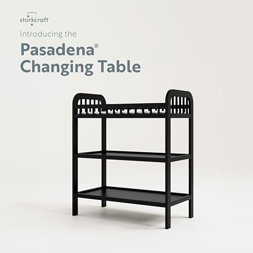 Image of Storkcraft Pasadena Changing Table with Water-Resistant Changing Pad (Black) - GREENGUARD Gold Certified, Includes Bonus Water-Resistant Changing Pad with Safety Strap, 2 Open Shelves