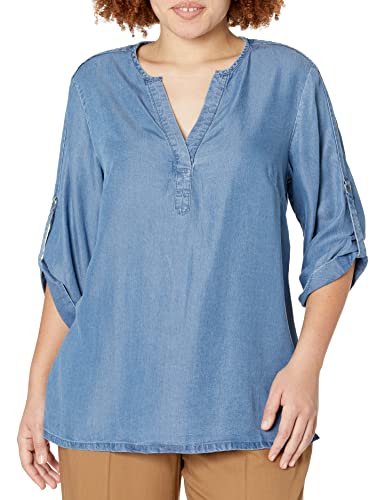 Anne Klein Womens Tencel Denim Split Neck Tunic Blouse, Lt Wash, Large Us #TOP11
