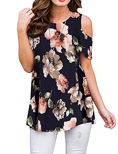 Floral Shirts for Women,Luranee Summer Casual Plus Size Party Beach Vavation Outfits Trendy Cold Shoulder Business Shirts Loose Fit Hawaiian Mexican Blouses Work Office Attire Clothes Black 2XL