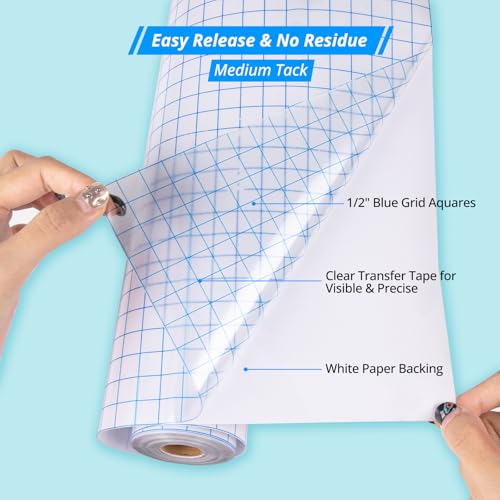 JANDJPACKAGING Transfer Tape for Vinyl - 12” x 50 FT w/Blue Alignment Grid for Adhesive Vinyl - Medium Tack Vinyl Transfer Tape for Silhouette Cameo