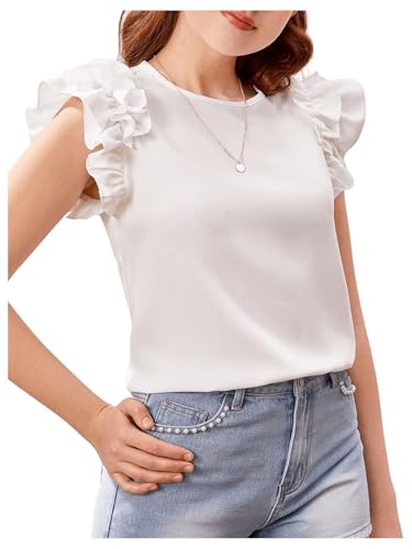 Image of SHENHE Girl's Cute Ruffle Tiered Layer Cap Sleeve Round Neck Blouse Shirt Tops White 10-11Y