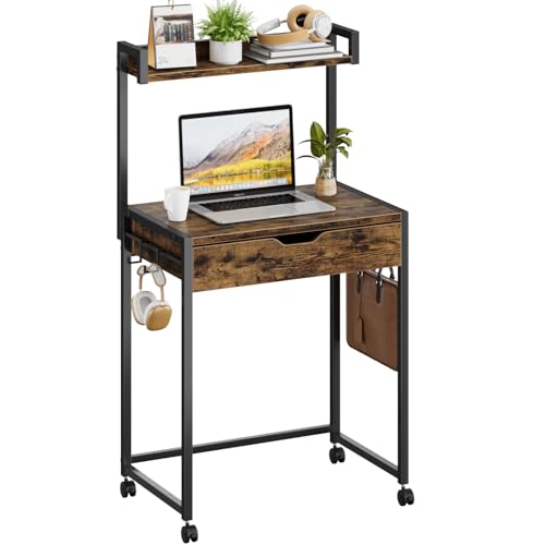 Bestier Pequeña mesa de ordenador de 64 cm con espacio de almacenamiento y cajones, adecuada para estudio, dormitorio, salón y espacios compactos (negro)