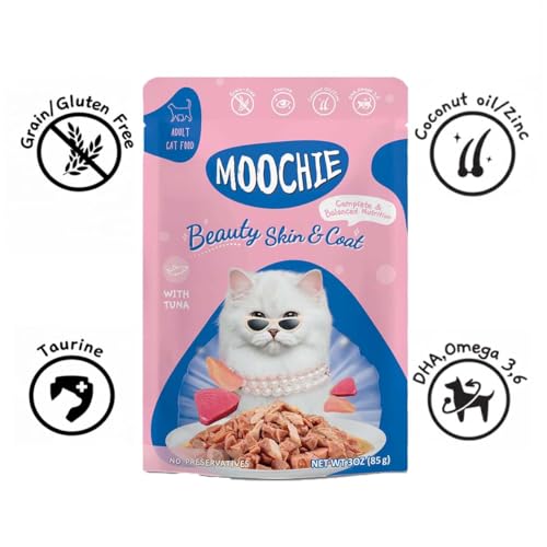 Image of Moochie Tasty Wet Cat Food, (85g X 36 Pouches) Grain Free Cats Gravy Meal, Beauty Skin & Coat with Tuna, No Artificial Flavours Kitten Food, Non-Vegetarian Cat Foods Pouch for Kittens