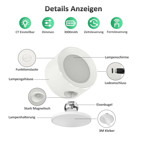 LED Akku Wandleuchte Innen, 3 Stück Wandlampe ohne Stromanschluss Wandlichter, 3 Farbmodi Kabellose Nachttischlampe mit Fernbedienung, 360° Aufladbare Wand Lampe für Kinder Wohnzimmer Schlafzimmer