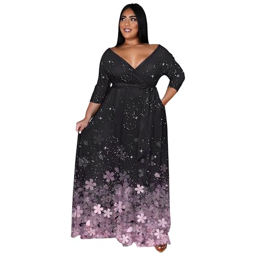 Image of Nmoder Plus Size Maxi Dress for Women - Summer Casual 3 /4 Sleeve Floral Flowy Long Dress with Belt XL- 6XL