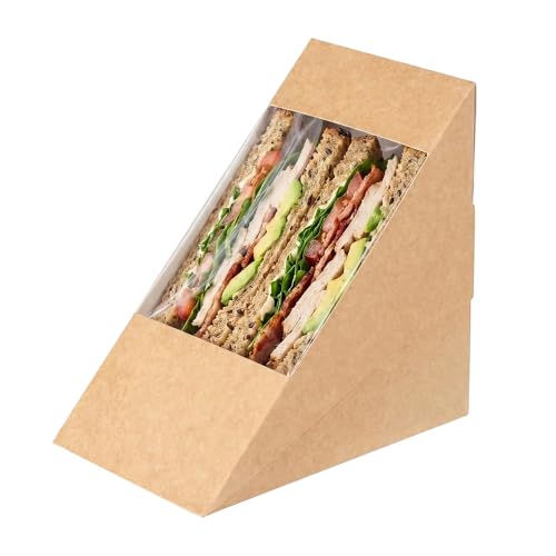 Cafe Vision 4.8 x 3.2 Inch Sandwich Paper Boxes, 200 Large Sandwich Wedge Boxes - With Window, Disposable, Kraft Paper Triangle Sandwich Containers, Grease-Resistant Lining - Restaurantware