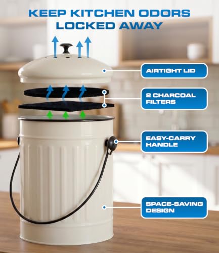 Image of Plexon Kitchen Compost Bin Indoor with Lid, Off-White 1.5 Gall