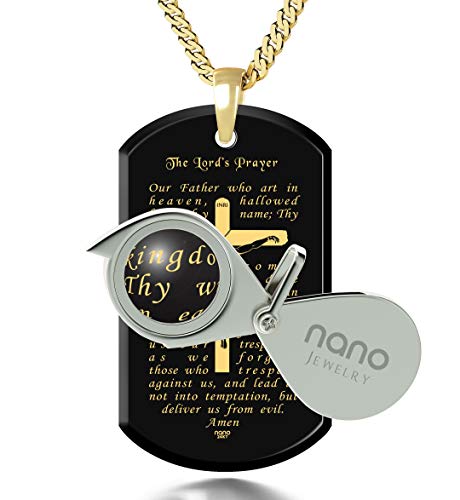 Lord's Prayer Crucifix Cross Necklace for Men Onyx Dog Tag Pendant 24k Gold Inscribed Scripture, 20" Chain3