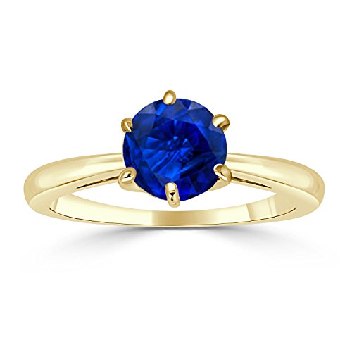Diamond Wish 14K Yellow Gold Round-Cut Blue Sapphire Gemstone Solitaire Engagement Ring 6Prong(1/4-1 cttw) 4-9