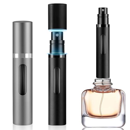 5ml Perfume Atomizer Travel Refillable,Mini Cologne Dispenser, Bottom-Filling Fragrances Perfumes Bottle,Portable Sprayer Pocket Size for Women Men Cruise Car Trip Gift 2pcs (black-grey)
