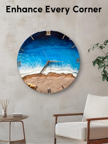 Image of Handmade Resin Wall Clock with Roman Numerals - Luxury Marble Effect Designer Wall Clock with Gold Finish, Silent Quartz Movement, Modern Home & Office Decor (Sea Blue)