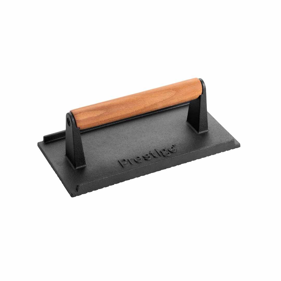 Prestige Cast Iron Burger Press – Wooden Heat-Resistant Handle, Pre-Seasoned, Non-Toxic, Easy Clean, Black