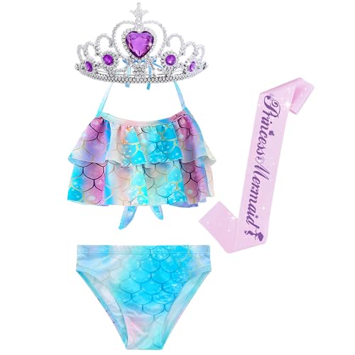 GALLDEALS Girls 3 Piece Swimsuits Bathing Suits Bikini with Matching Cover Up Skirt 3 to 4 Years Blue Pink2